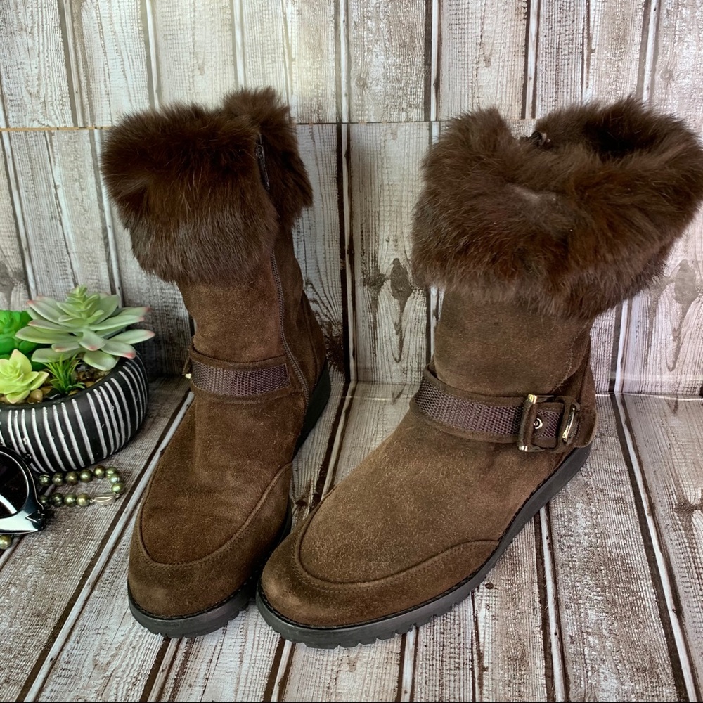 STUART WEITZMAN Luxury Warm Winter Fur Cuffed Chocolate Suede Flat Boots, 7 - Picture 9 of 16
